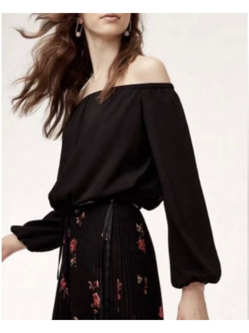 Aritzia Wilfred Eleanora Blouse Top Cropped Off Shoulder Tie Front Black S